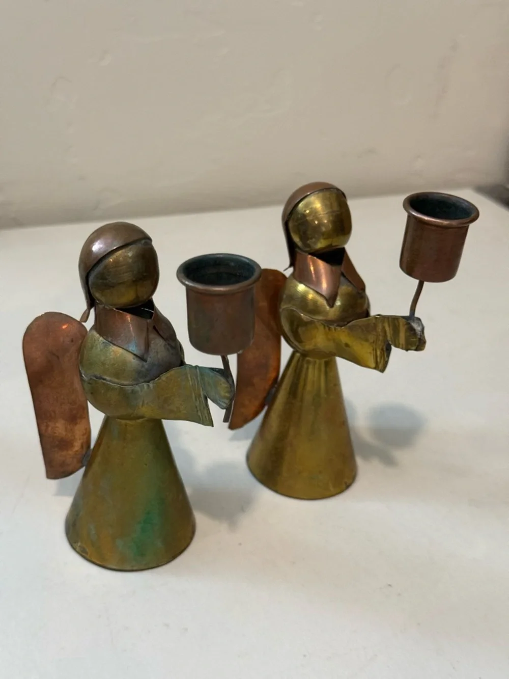 Vintage Mexican Brass & Copper Angel Candle Holders Set Mini Taper Pair Rustic